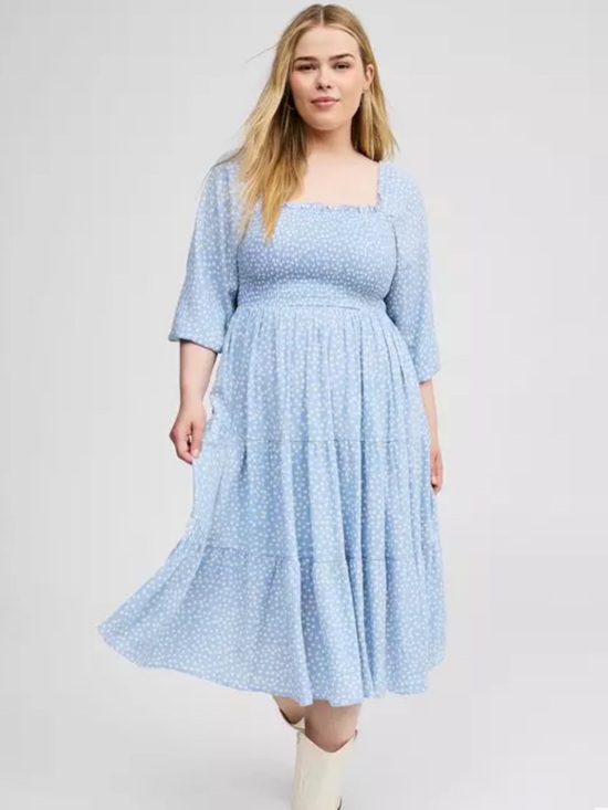 torrid Dresses & Skirts - Torrid Blue Polka Dot Smocked Tiered Midi Dress Cottagecore Prairie  Size 1X/14